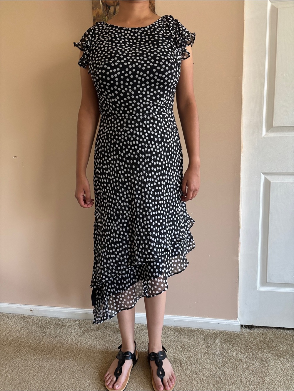 Women's Black & White Polka Dot Ruffle Midi Dress